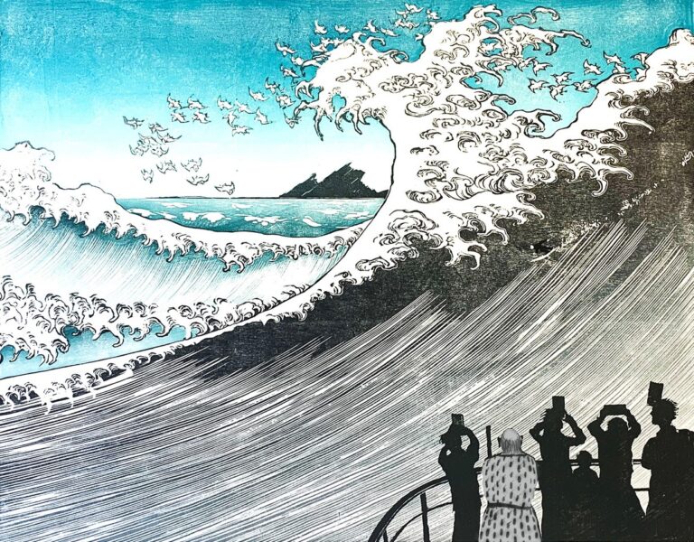 Hokusai san visits Nazare by Rod Nelson